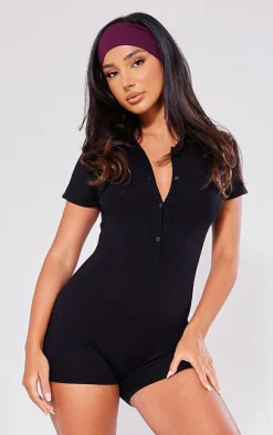 Petite Black Knit Button Up Romper