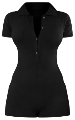 Petite Black Knit Button Up Romper