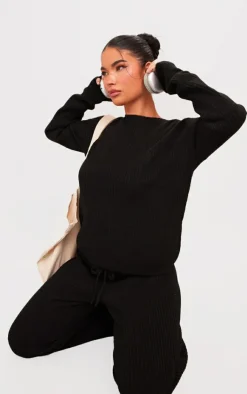 Hot PrettyLittleThing Petite Knit Oversized Sweater Black