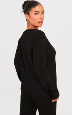 Hot PrettyLittleThing Petite Knit Oversized Sweater Black