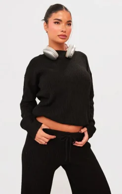 Hot PrettyLittleThing Petite Knit Oversized Sweater Black