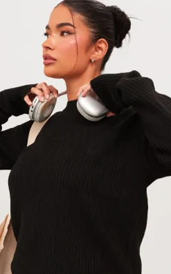 Hot PrettyLittleThing Petite Knit Oversized Sweater Black