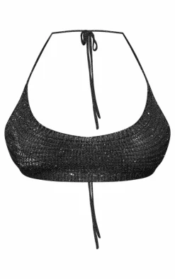 New PrettyLittleThing Petite Knit Sequin Extreme Crop Top Black