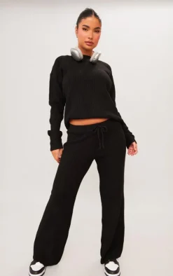 Sale PrettyLittleThing Petite Knit Wide Leg Pants Black