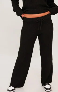 Sale PrettyLittleThing Petite Knit Wide Leg Pants Black