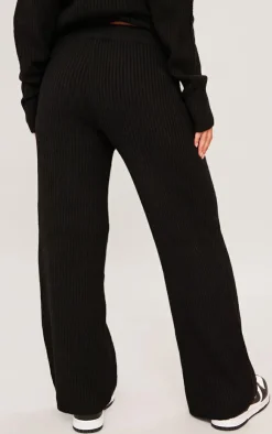 Sale PrettyLittleThing Petite Knit Wide Leg Pants Black