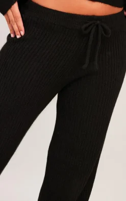 Sale PrettyLittleThing Petite Knit Wide Leg Pants Black