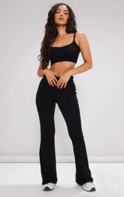 Petite Black Knitted Fold Over Waist Flared Pants
