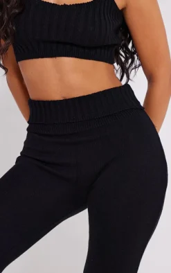 Petite Black Knitted Fold Over Waist Flared Pants
