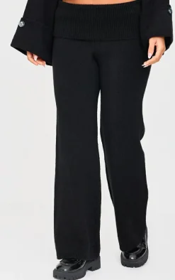Petite Black Knitted Fold Over Flare Pants