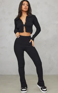 Outlet PrettyLittleThing Petite Knitted Rib High Waisted Skinny Flares Black