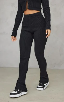 Outlet PrettyLittleThing Petite Knitted Rib High Waisted Skinny Flares Black