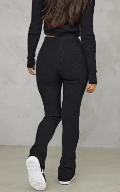 Outlet PrettyLittleThing Petite Knitted Rib High Waisted Skinny Flares Black