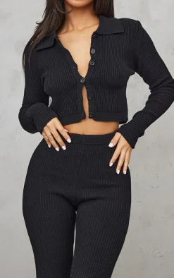 Outlet PrettyLittleThing Petite Knitted Rib High Waisted Skinny Flares Black