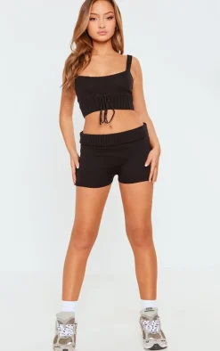 Discount PrettyLittleThing Petite Knitted Strappy Tie Front Crop Top Black