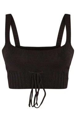 Discount PrettyLittleThing Petite Knitted Strappy Tie Front Crop Top Black
