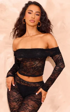 Best PrettyLittleThing Petite Lace Bardot Long Sleeve Top Black