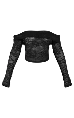 Best PrettyLittleThing Petite Lace Bardot Long Sleeve Top Black