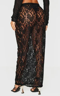 New PrettyLittleThing Petite Lace Maxi Skirt Black