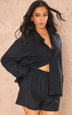 Hot PrettyLittleThing Petite Linen Look Button Up Shirt Black