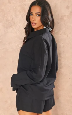 Hot PrettyLittleThing Petite Linen Look Button Up Shirt Black