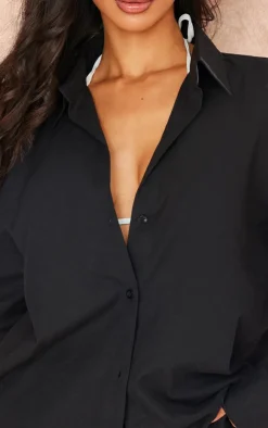 Hot PrettyLittleThing Petite Linen Look Button Up Shirt Black