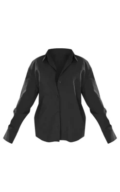 Hot PrettyLittleThing Petite Linen Look Button Up Shirt Black
