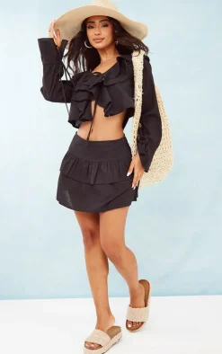 Clearance PrettyLittleThing Petite Linen Look Frill Detail Mini Skirt Black