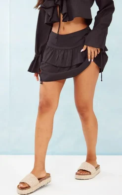 Clearance PrettyLittleThing Petite Linen Look Frill Detail Mini Skirt Black