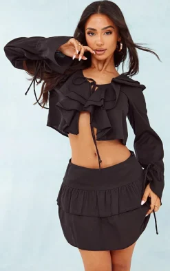 Clearance PrettyLittleThing Petite Linen Look Frill Detail Mini Skirt Black