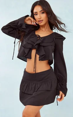 Best PrettyLittleThing Petite Linen Look Frill Detail Tie Front Blouse Black