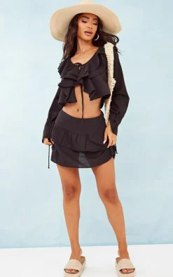 Best PrettyLittleThing Petite Linen Look Frill Detail Tie Front Blouse Black
