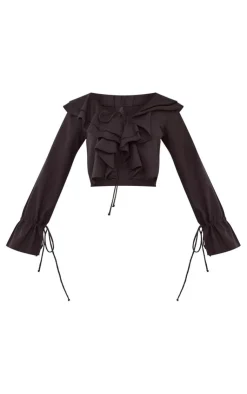 Best PrettyLittleThing Petite Linen Look Frill Detail Tie Front Blouse Black