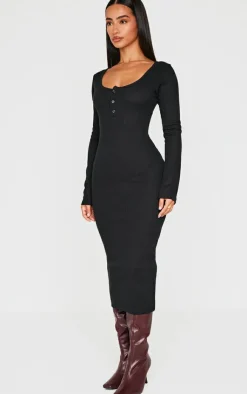 Petite Long Sleeve Brushed Rib Button Midi Dress-PrettyLittleThing Hot