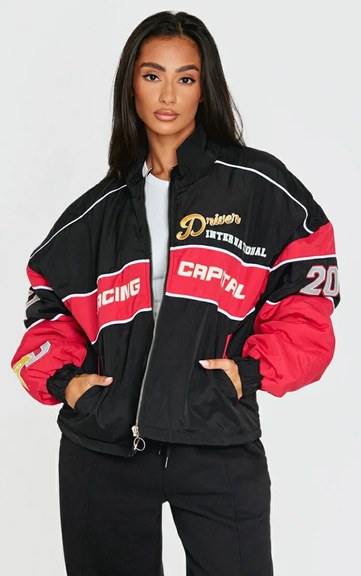 PrettyLittleThing Bomber Jackets*Petite Oversized Graphic Zipped Racer Bomber Jacket