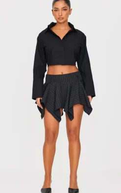 Petite Black Pinstripe Asymmetric Hem Micro Mini Skirt