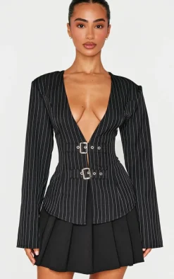 PrettyLittleThing Shirts*Petite Pinstripe Long Sleeve Trim Detail Shirt