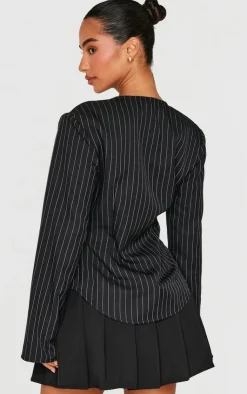 PrettyLittleThing Shirts*Petite Pinstripe Long Sleeve Trim Detail Shirt