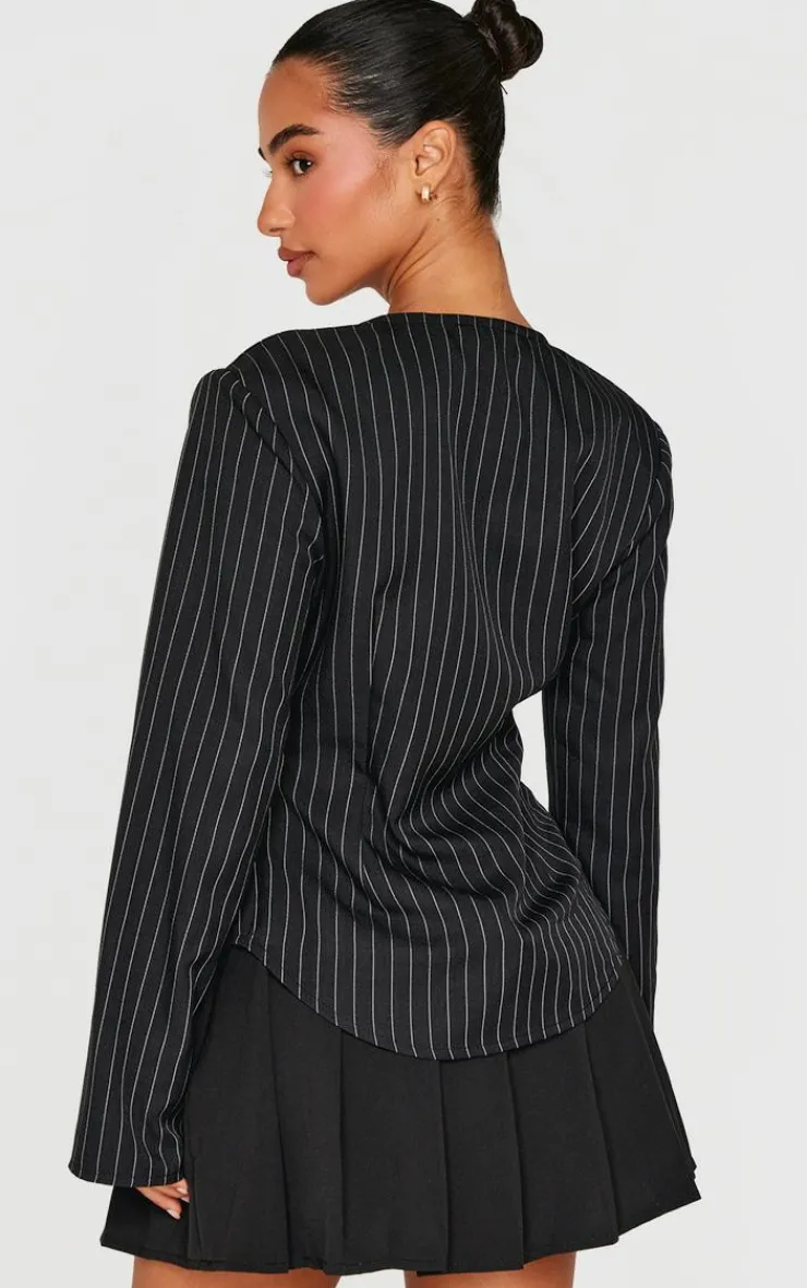 PrettyLittleThing Shirts*Petite Pinstripe Long Sleeve Trim Detail Shirt