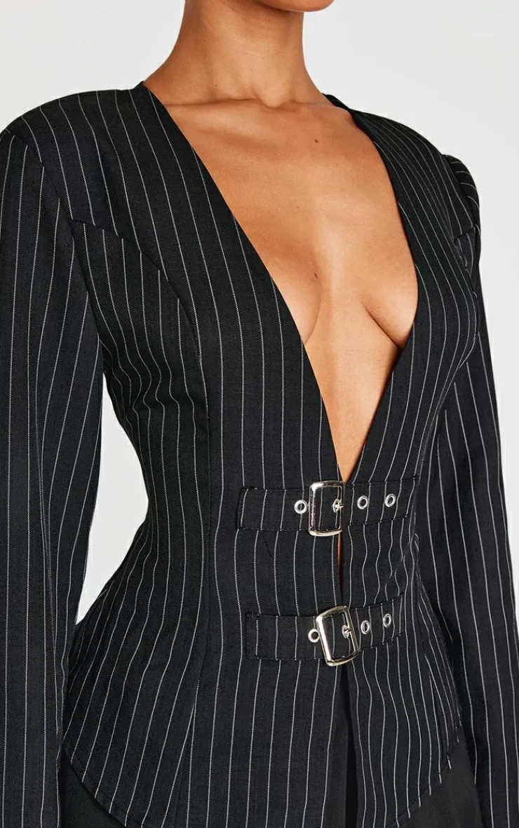 PrettyLittleThing Shirts*Petite Pinstripe Long Sleeve Trim Detail Shirt