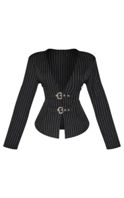 PrettyLittleThing Shirts*Petite Pinstripe Long Sleeve Trim Detail Shirt