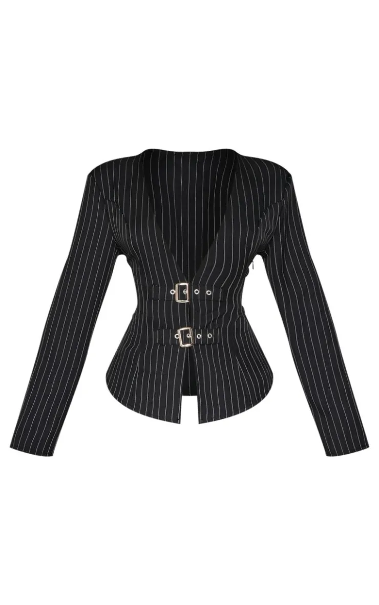 PrettyLittleThing Shirts*Petite Pinstripe Long Sleeve Trim Detail Shirt