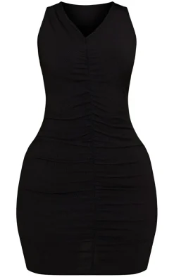 Petite Ribbed Ruched Racer Bodycon Dress-PrettyLittleThing Online