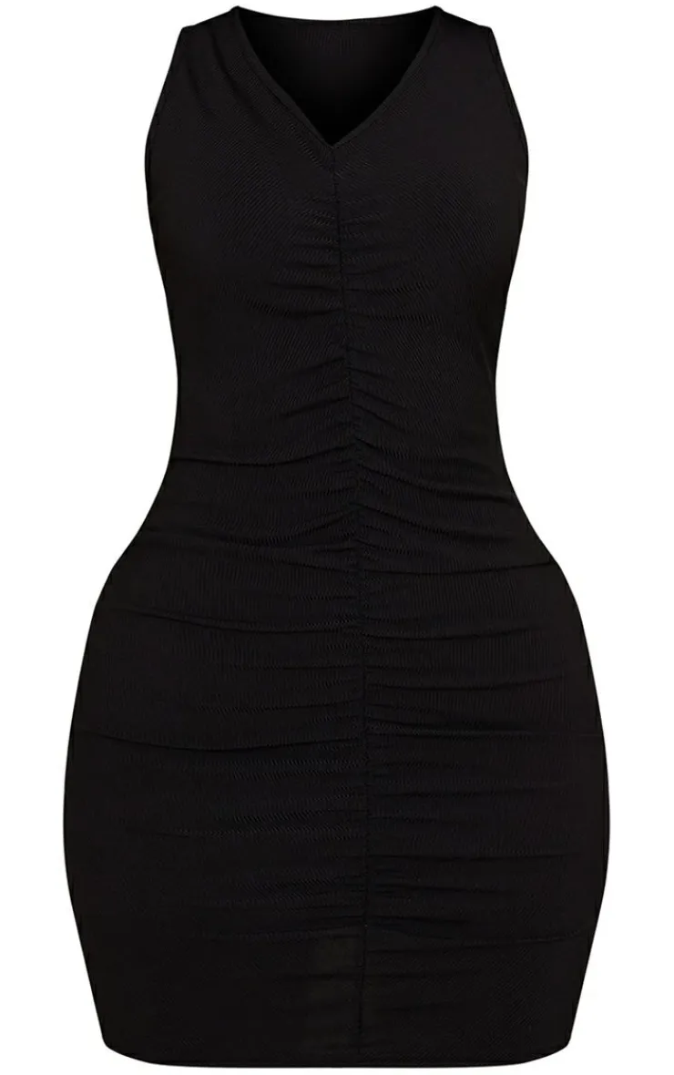 Petite Ribbed Ruched Racer Bodycon Dress-PrettyLittleThing Online