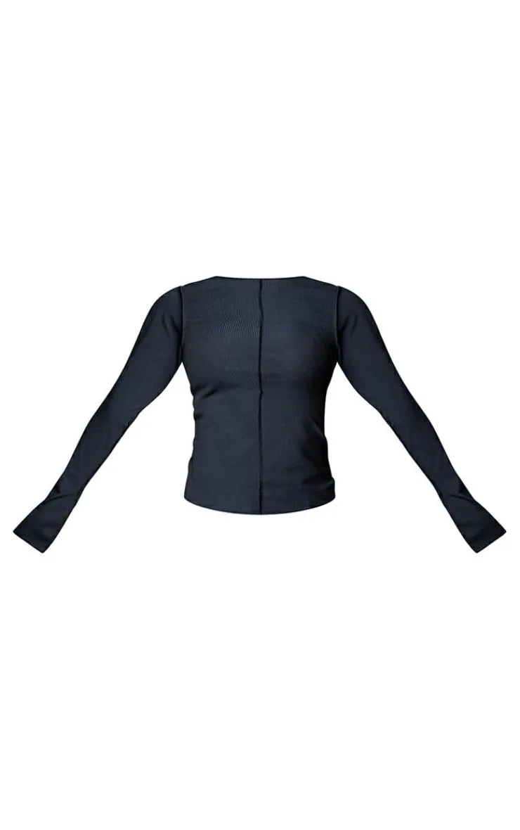 Online PrettyLittleThing Petite Ribbed Seam Detail Long Sleeve Top Black