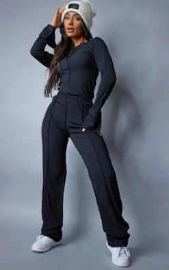 Outlet PrettyLittleThing Petite Ribbed Seam Detail High Waisted Wide Leg Pants Black