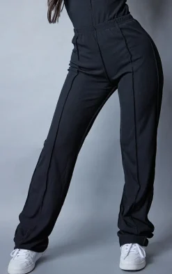 Outlet PrettyLittleThing Petite Ribbed Seam Detail High Waisted Wide Leg Pants Black