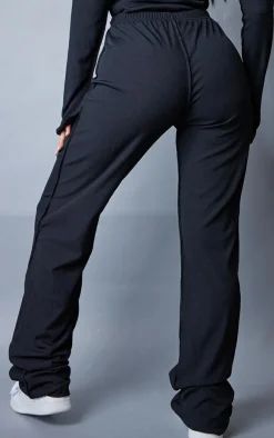 Outlet PrettyLittleThing Petite Ribbed Seam Detail High Waisted Wide Leg Pants Black