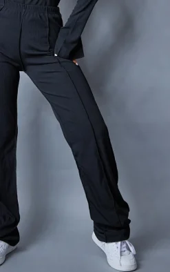 Outlet PrettyLittleThing Petite Ribbed Seam Detail High Waisted Wide Leg Pants Black
