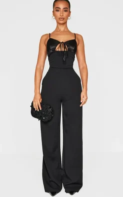 Petite Satin Cup Detail Straight Leg Jumpsuit-PrettyLittleThing